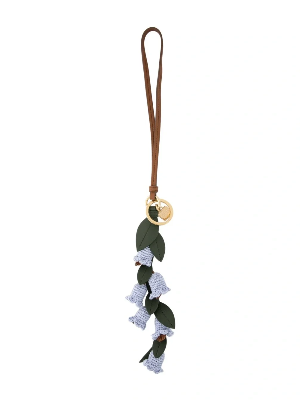 Miu Miu Brown Leather Strap Key & Floral Charm with Green Leaves